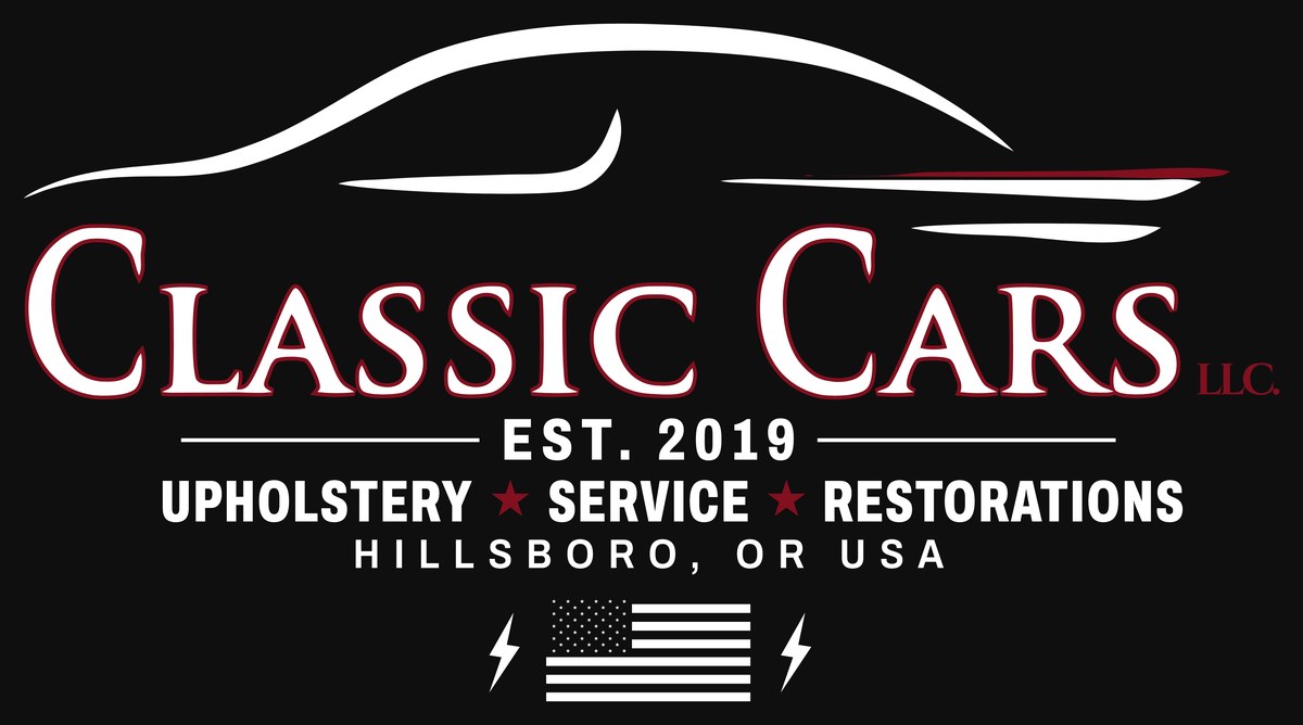 The shirt design: the Classic Cars logo, EST. 2019, Upholstery, Service and Restorations, Hillsboro, OR USA, and a flag between two lightning bolts
