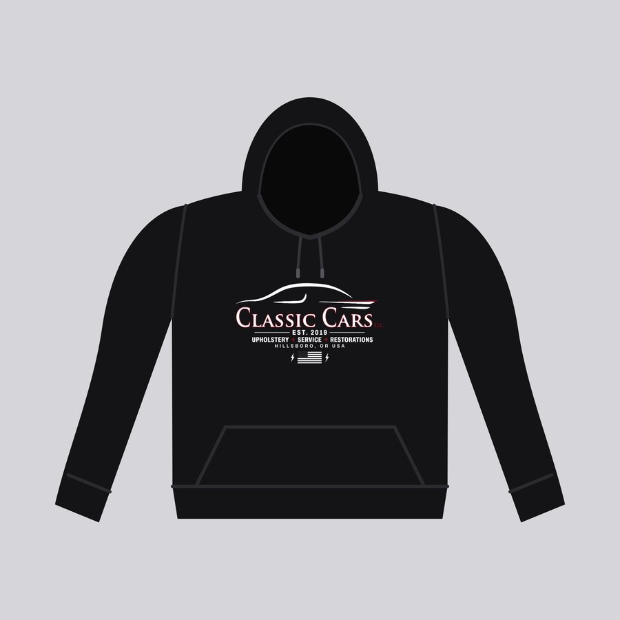 Black Classic Cars hoodie with the shop design on the front