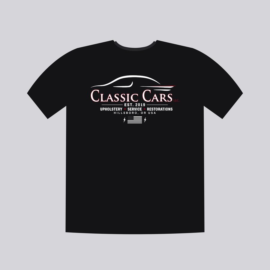 Black Classic Cars t-shirt with the shop design on the front