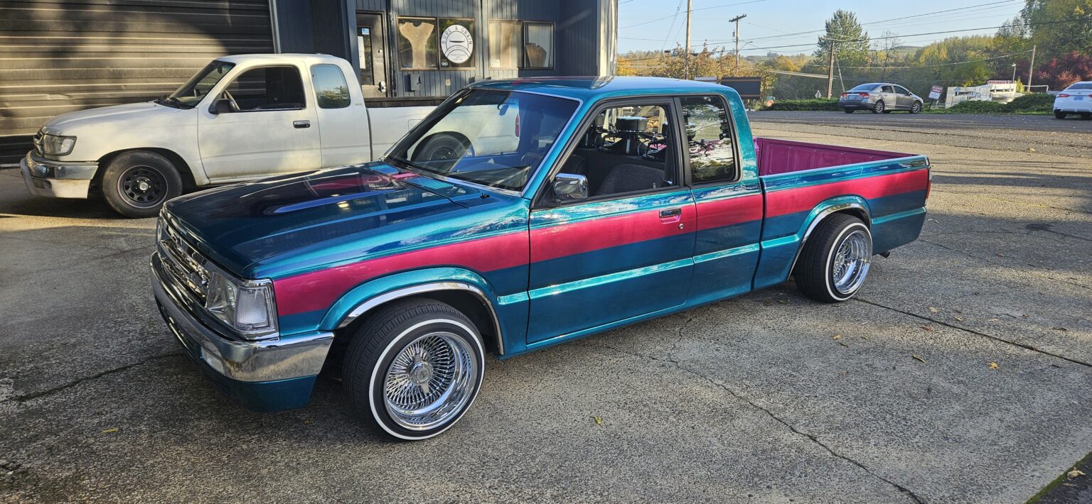 1992 Mazda B2200 mini truck, lowered, with wire wheels